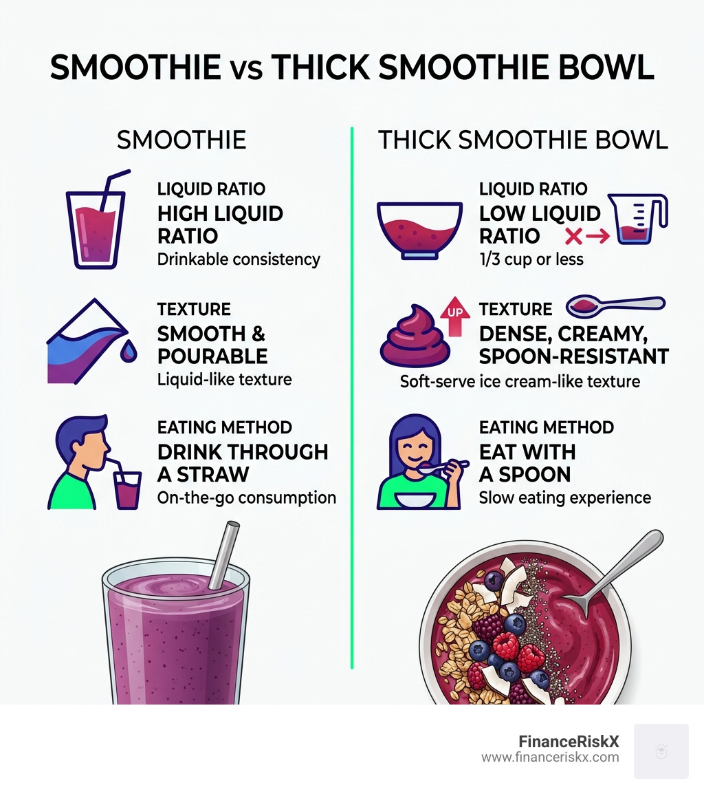 Infographic: smoothie vs thick smoothie bowl — liquid ratio, texture, and eating method compared - thick tayberry smoothie