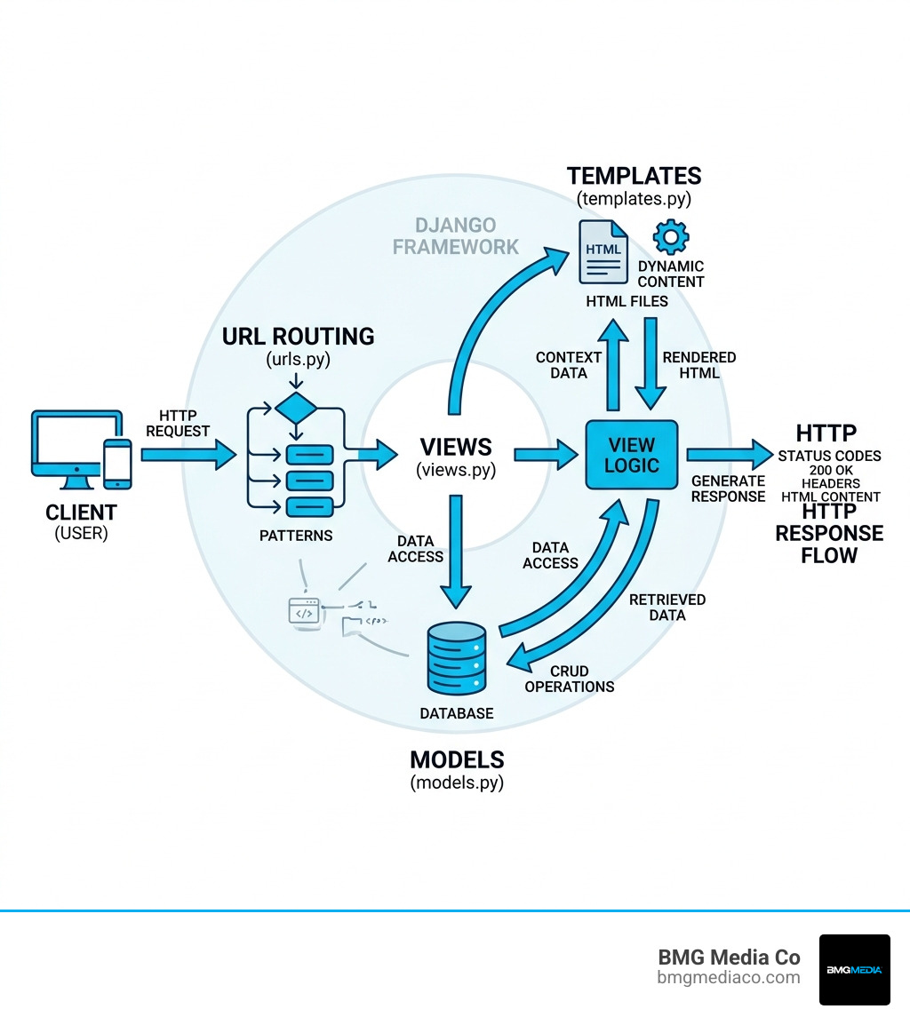 Django request-response cycle infographic showing URL routing, views, models, templates, and HTTP response flow - building