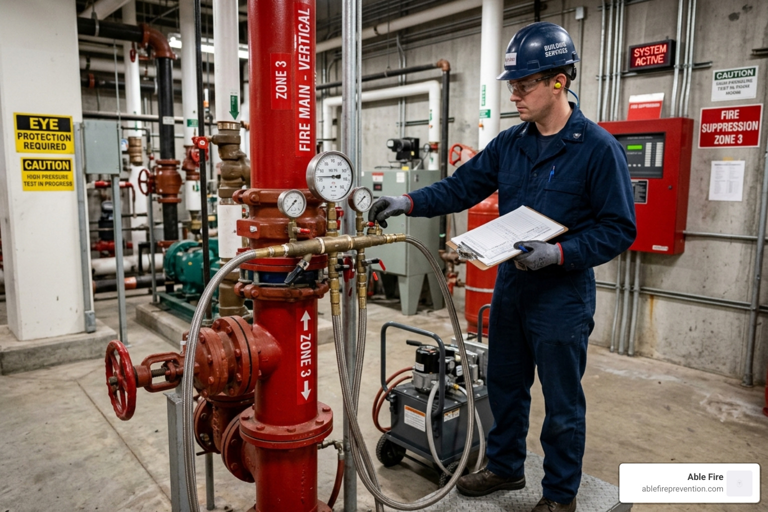 technician performing a hydraulic pressure test on a vertical fire main - dry and wet riser system technician performing a hydraulic pressure test on a vertical fire main - dry and wet riser system