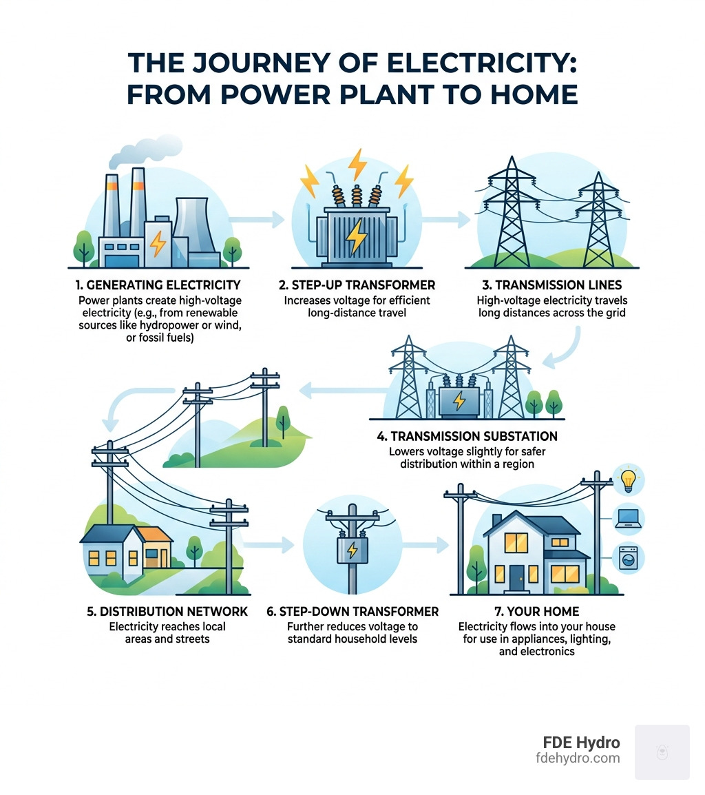 Step-by-step journey of electricity from power plant to home infographic - electrical grid example infographic 