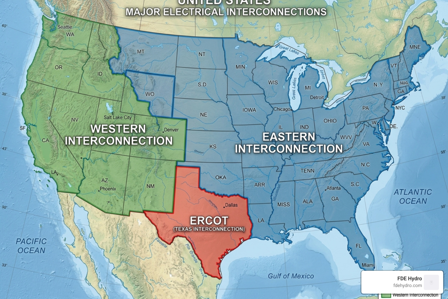 Map showing the three major U.S. interconnections - electrical grid example
