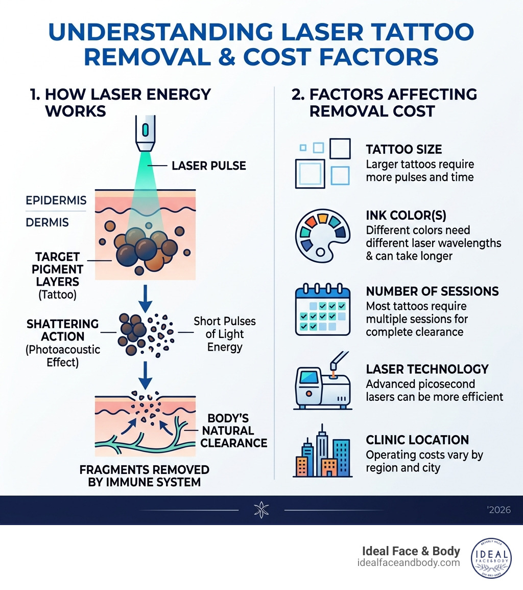infographic showing how laser energy shatters tattoo pigment layers and factors affecting removal cost - laser tattoo infographic showing how laser energy shatters tattoo pigment layers and factors affecting removal cost - laser tattoo