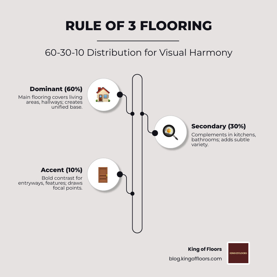 Infographic showing Rule of 3 flooring distribution: 60% dominant, 30% secondary, 10% accent with examples - rule of 3