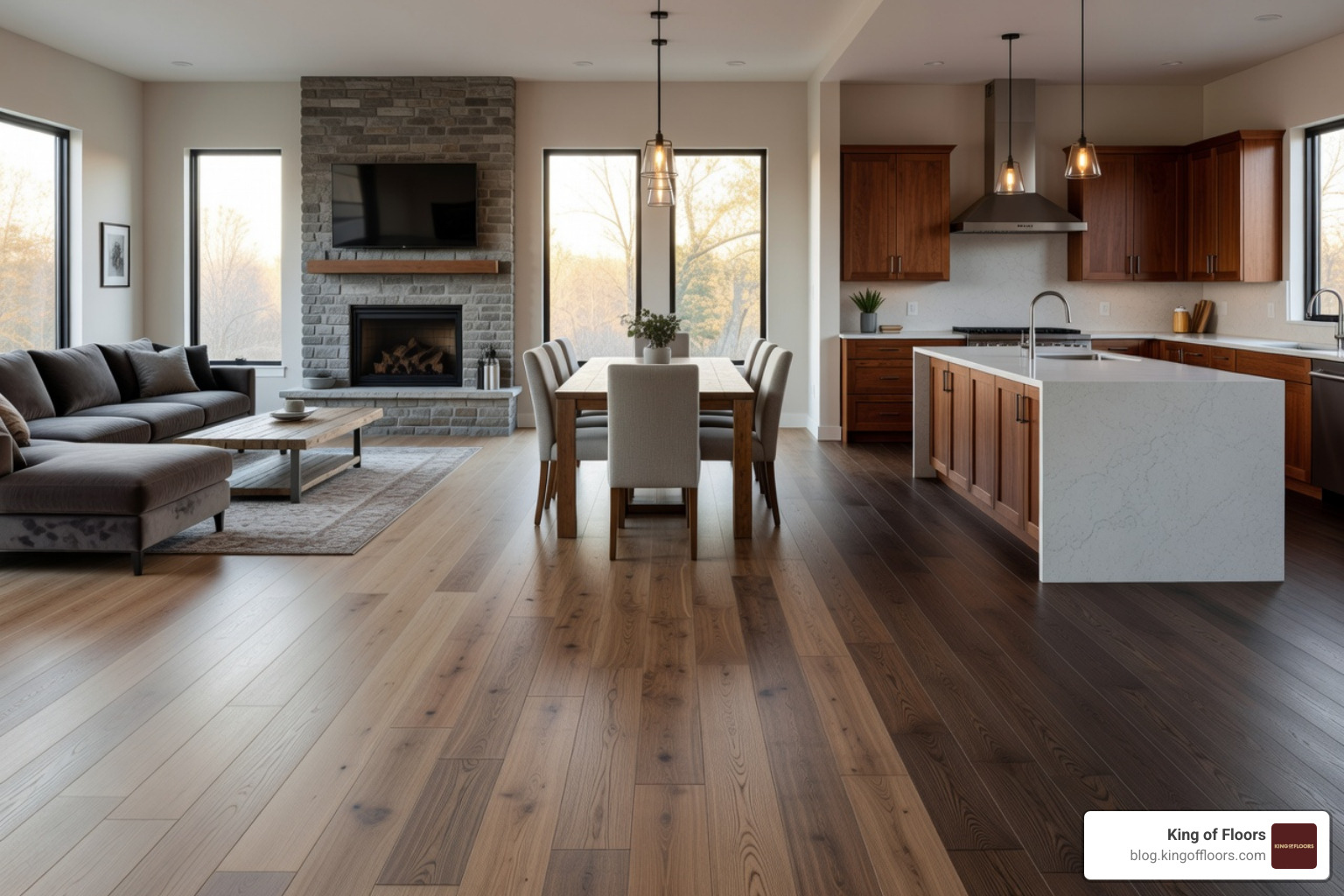 Cohesive living space in South Surrey showing a consistent flooring tone across an open area - rule of 3 flooring