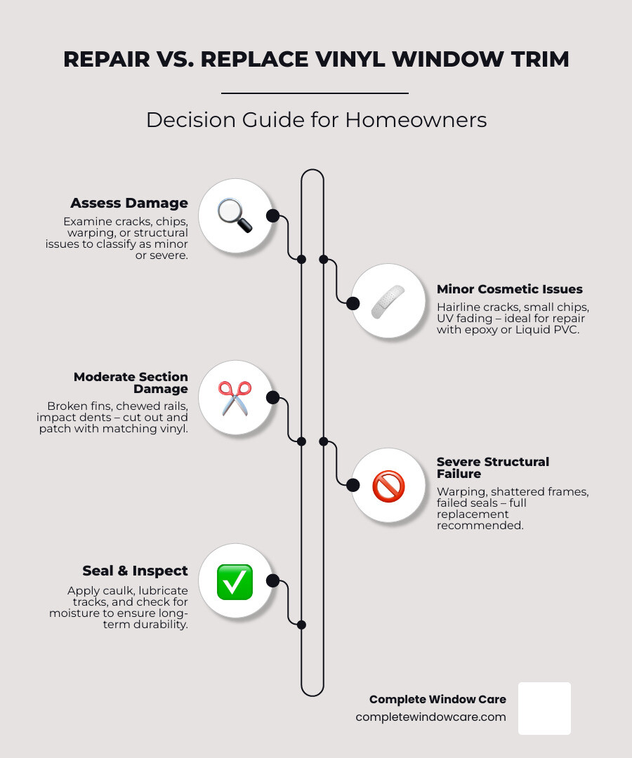 Infographic: Repair vs. Replace vinyl window trim decision guide with damage types and fix methods - repair vinyl window