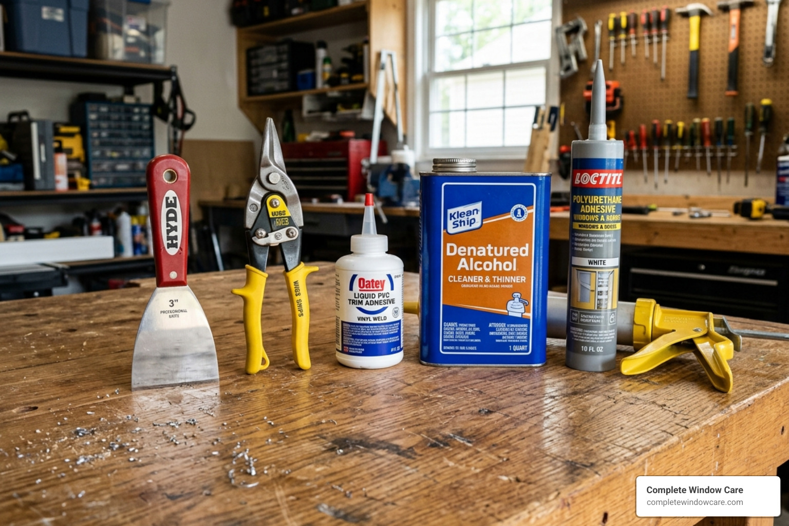 Tools for vinyl window trim repair including putty knife, tin snips, and liquid PVC - repair vinyl window trim
