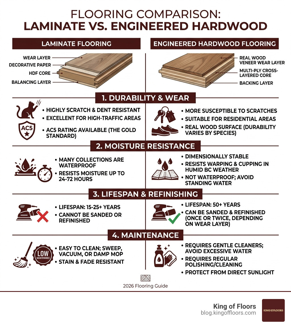 infographic comparing laminate vs engineered hardwood durability and maintenance - best flooring infographic 