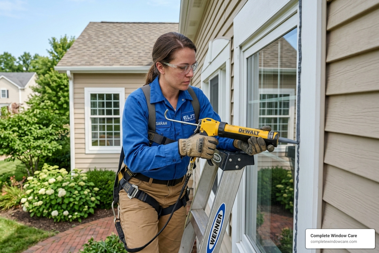 professional technician applying industrial-grade sealant to a window frame - window water leak repair near me