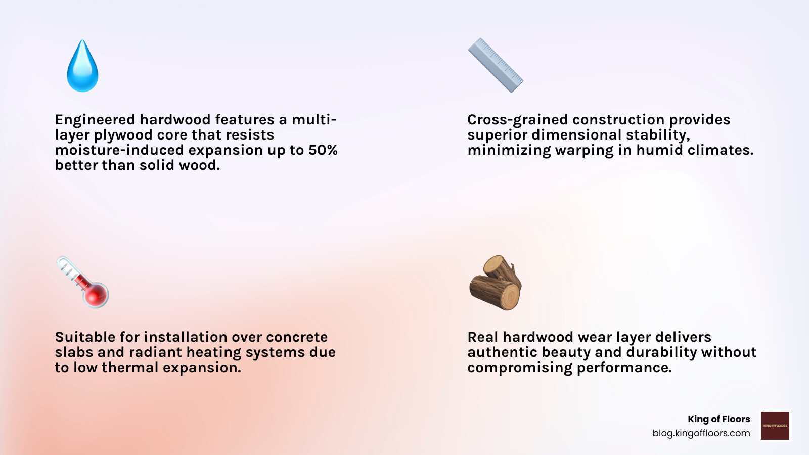 Infographic showing layers of engineered hardwood construction and key benefits for living spaces - Engineered flooring