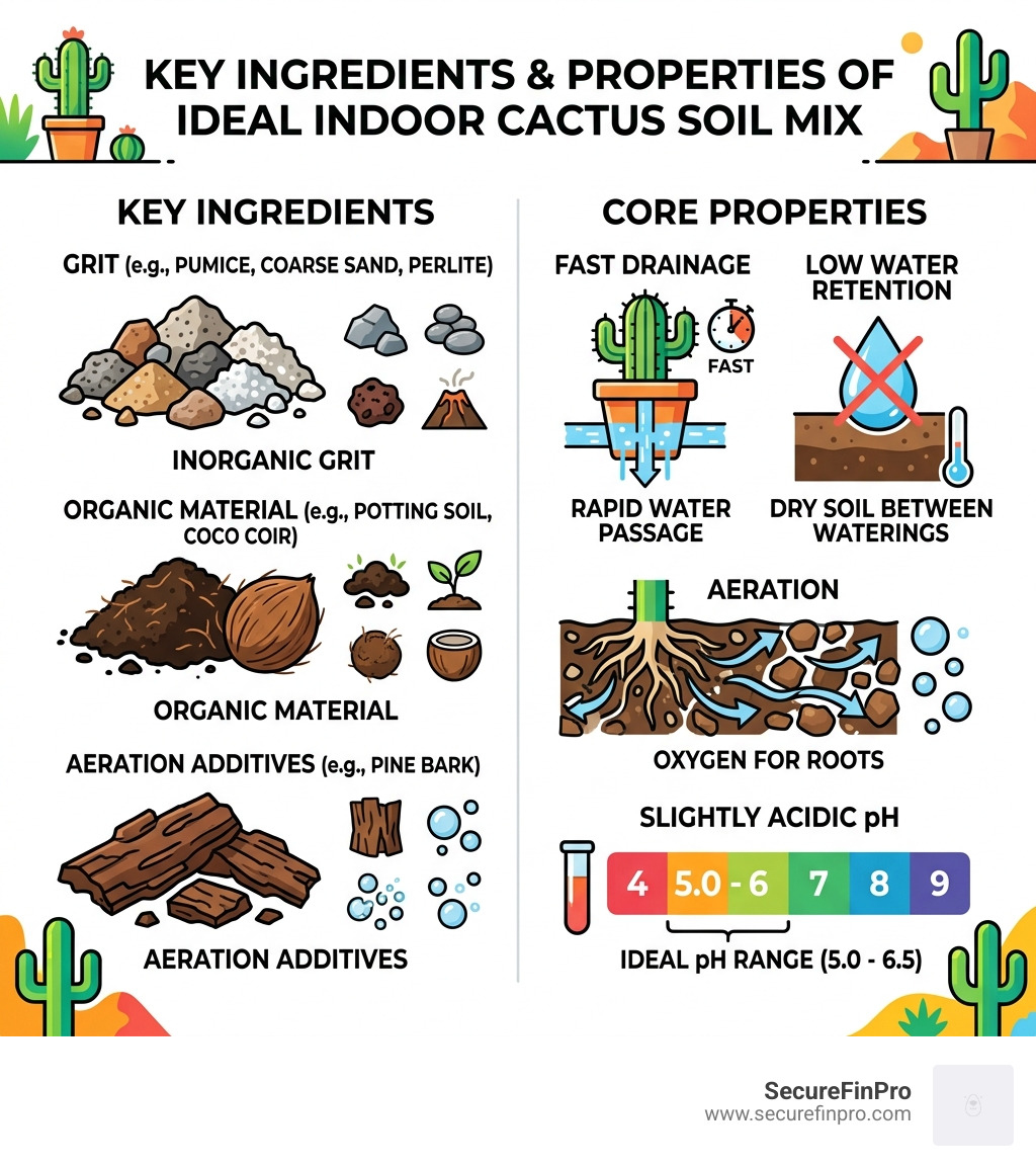 Key ingredients and properties of ideal indoor cactus soil mix - indoor cactus soil infographic 