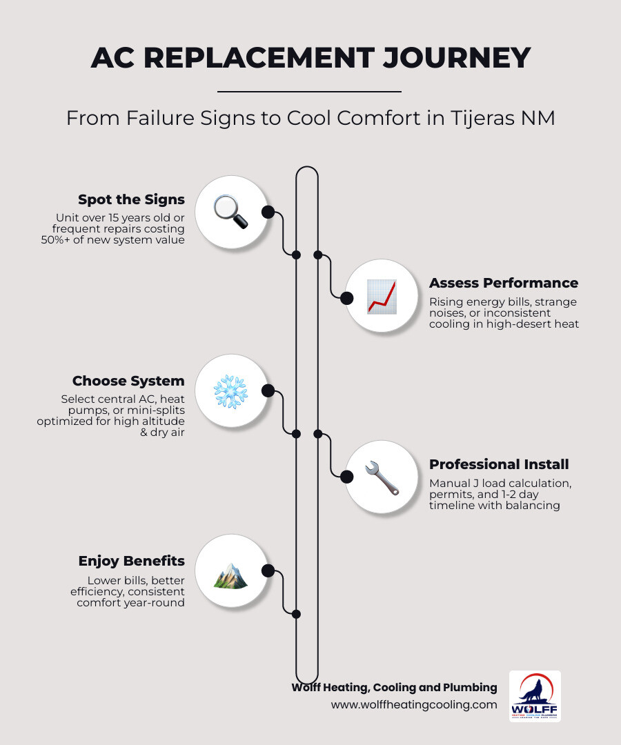 Infographic showing AC replacement journey in Tijeras NM from signs of failure to system selection and installation - ac Infographic showing AC replacement journey in Tijeras NM from signs of failure to system selection and installation - ac
