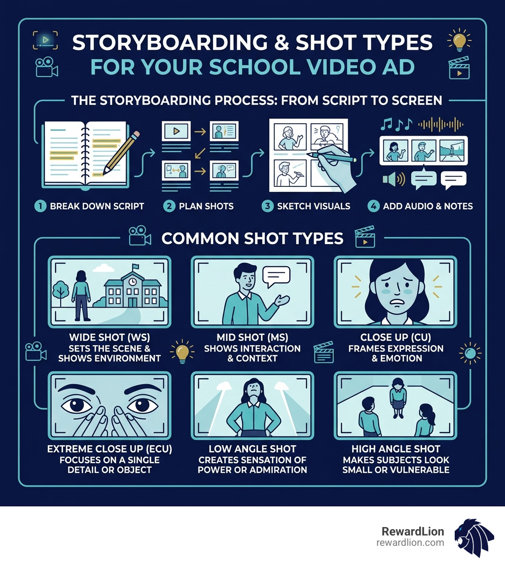 Infographic explaining the storyboarding process and shot types - how to make an advertisement video for a school project