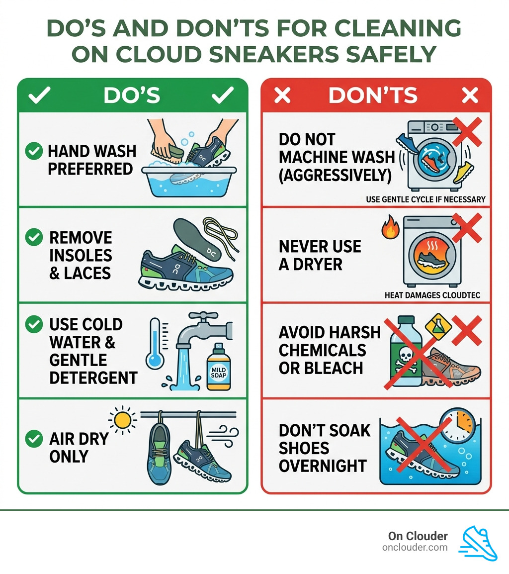 Do's and Don'ts infographic for cleaning On Cloud sneakers safely - can you wash on cloud sneakers infographic 