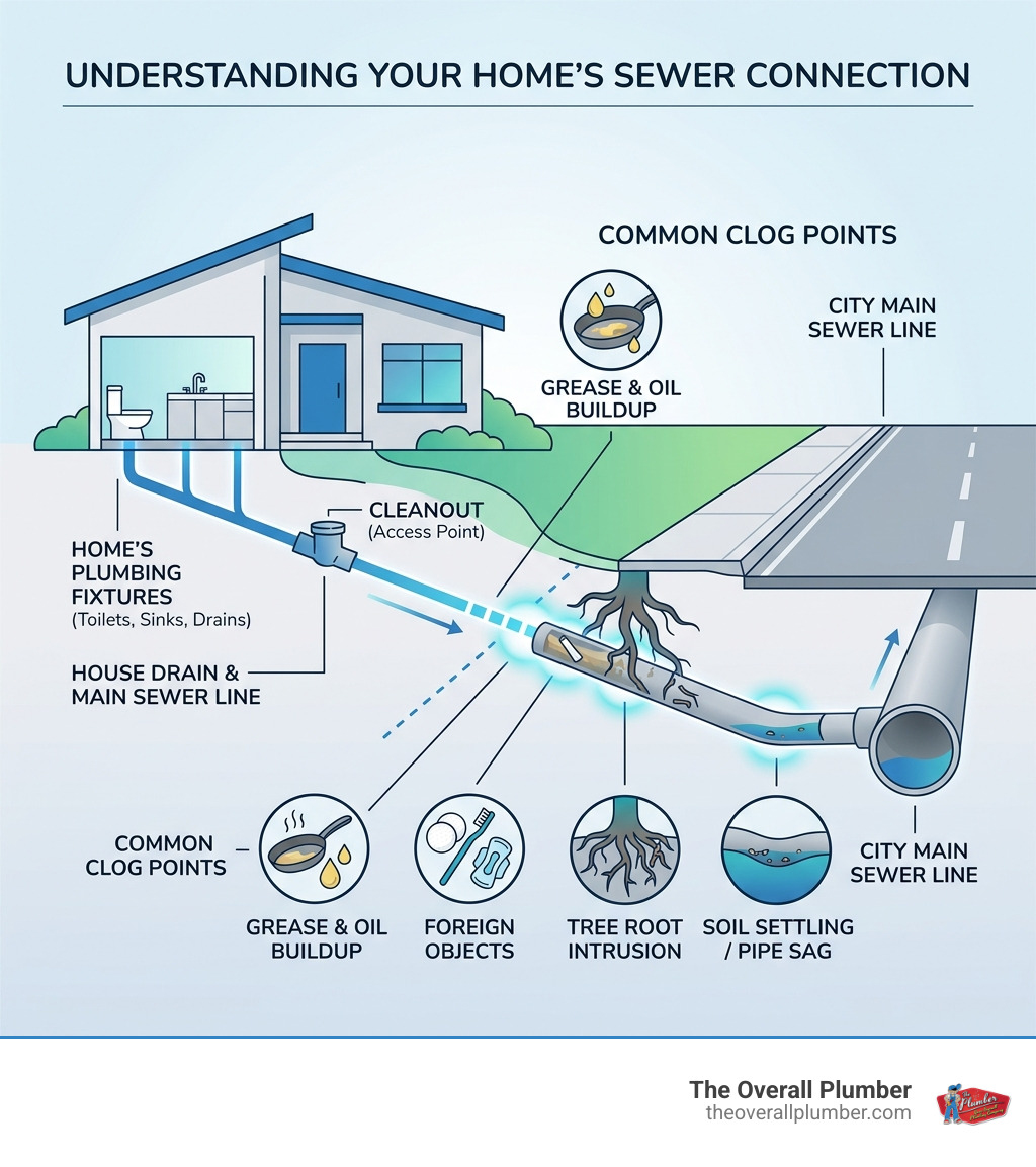 Infographic showing how a home sewer line connects to the city main and common clog points - sewer drain cleaning service