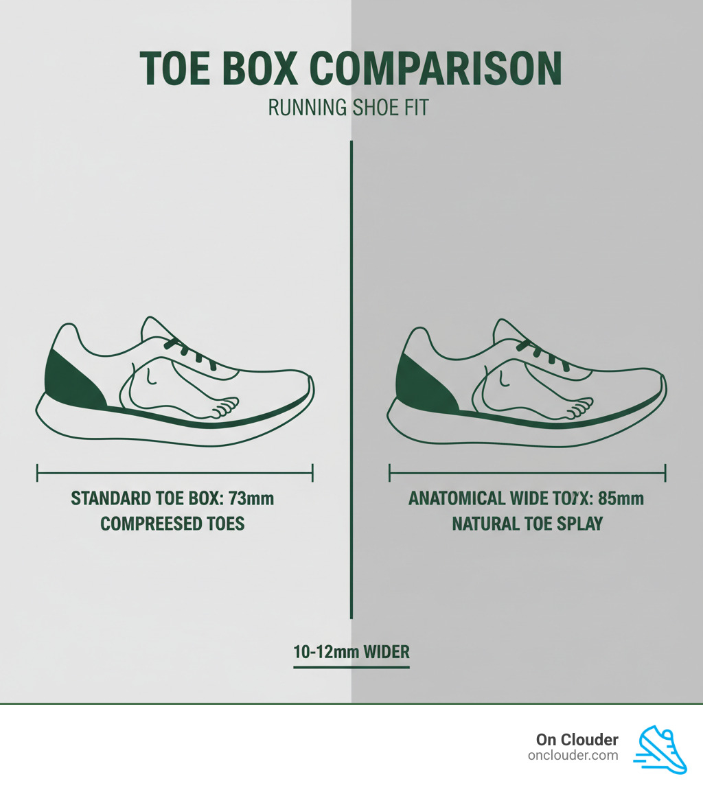 comparison infographic: standard 73mm toe box vs anatomical 85mm wide toe box with labeled measurements - best wide toe box