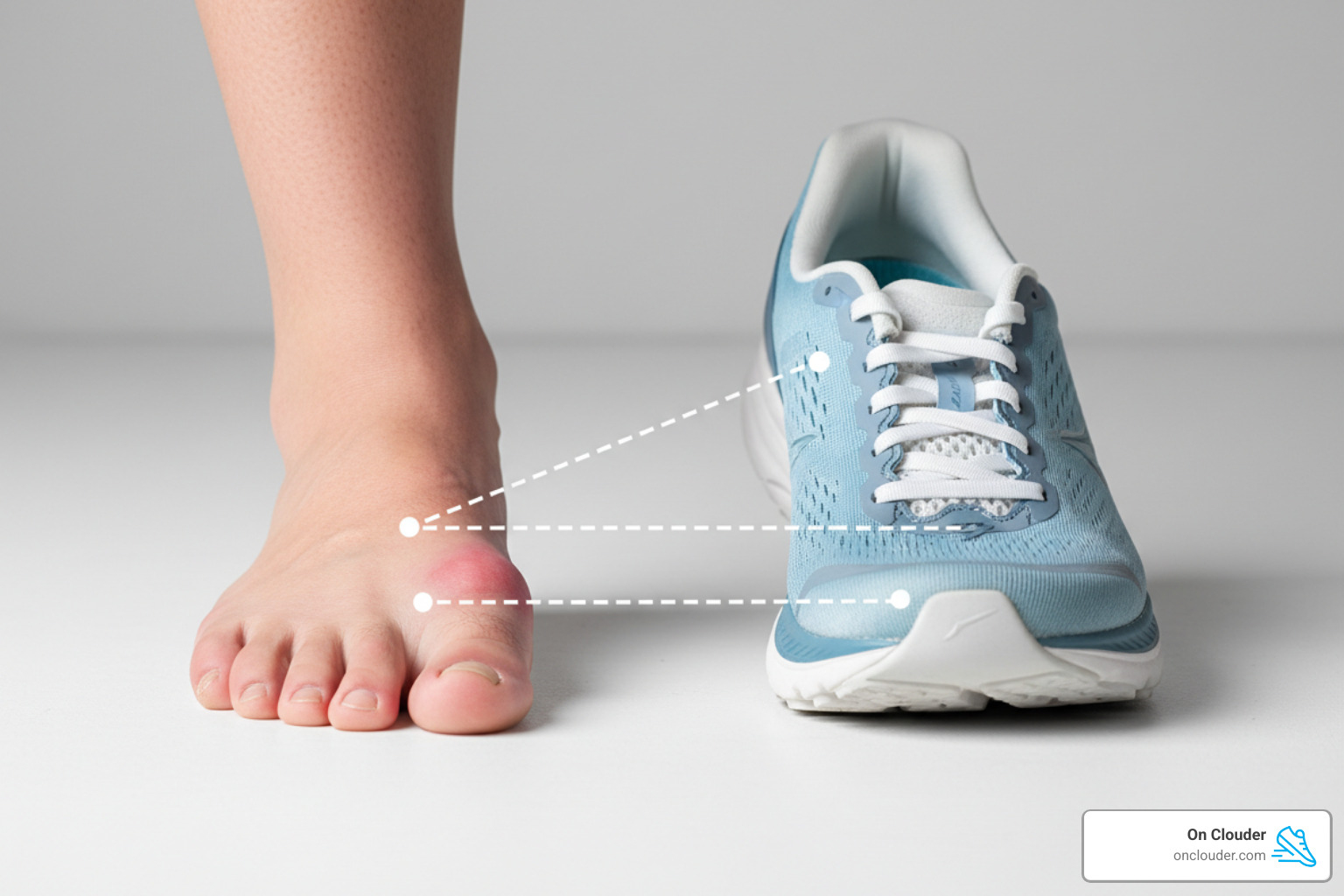 runner showing a bunion next to a wide toe box shoe for comparison - best wide toe box running shoes