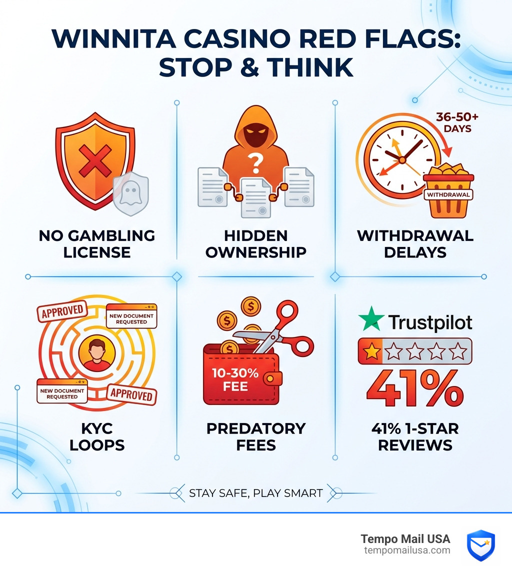Winnita Casino red flags infographic: no license, hidden ownership, withdrawal delays, KYC loops, predatory fees, 41% 1-star Winnita Casino red flags infographic: no license, hidden ownership, withdrawal delays, KYC loops, predatory fees, 41% 1-star