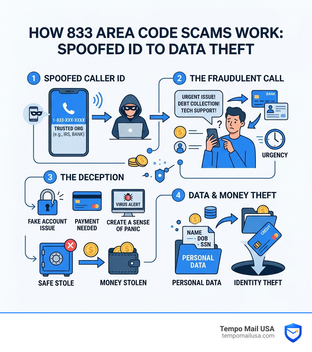 How 833 toll-free area code scams work — from spoofed caller ID to data theft - 833 area code scam infographic How 833 toll-free area code scams work — from spoofed caller ID to data theft - 833 area code scam infographic