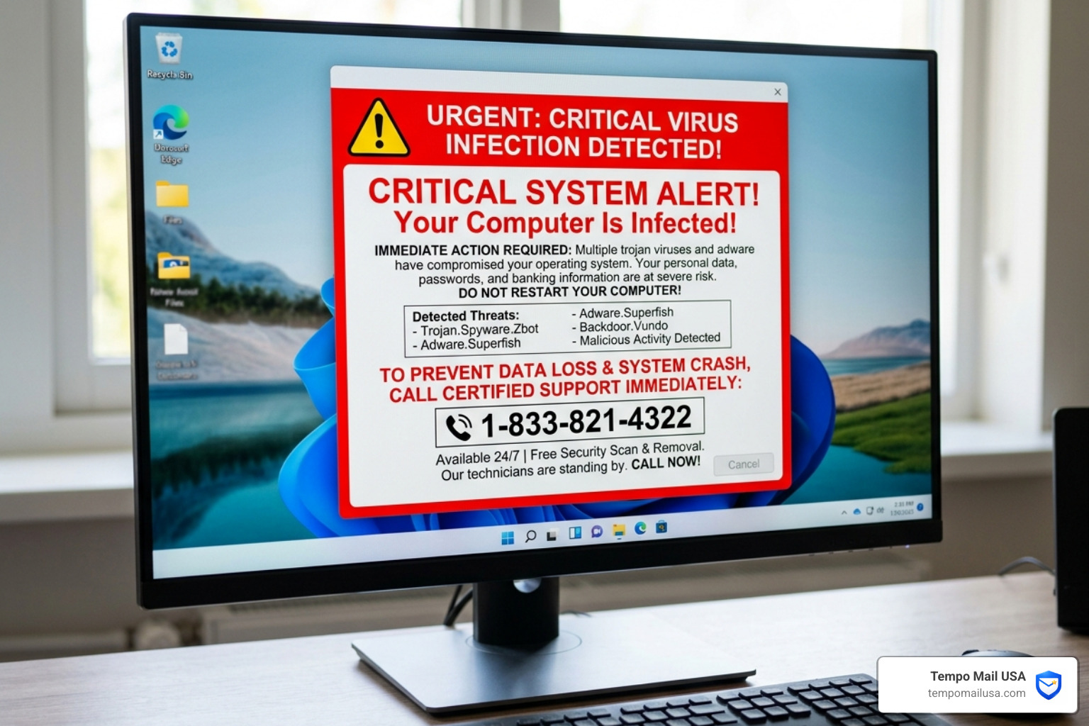 A fake tech support pop-up warning the user to call an 833 number - 833 area code scam A fake tech support pop-up warning the user to call an 833 number - 833 area code scam