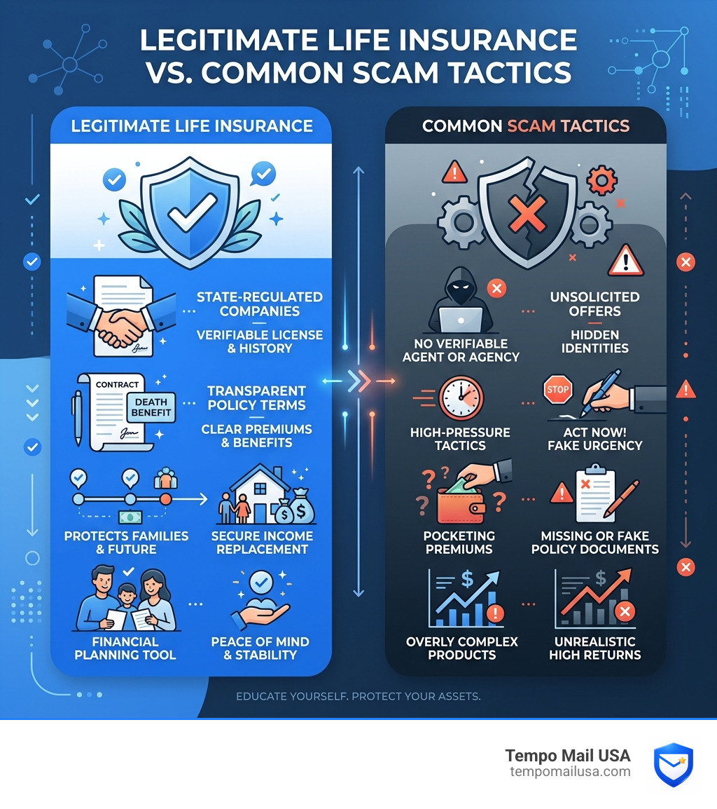 Legitimate life insurance vs. common scam tactics infographic - is life insurance a scam infographic Legitimate life insurance vs. common scam tactics infographic - is life insurance a scam infographic