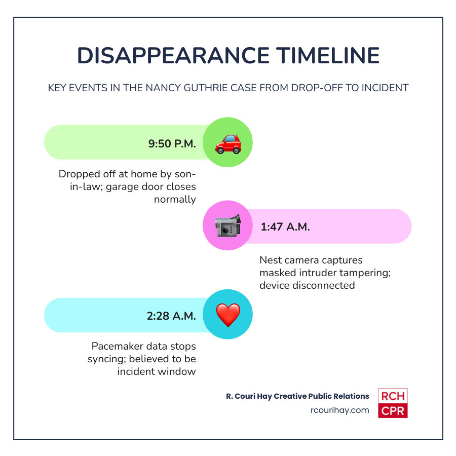 Nancy Guthrie disappearance timeline key evidence and investigation milestones infographic - nancy guthrie update