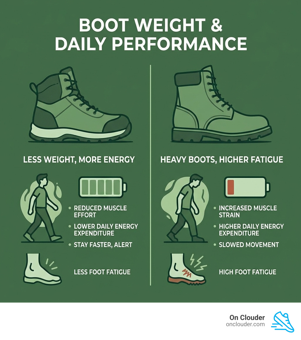 Infographic showing how boot weight affects daily energy expenditure and foot fatigue - lightest composite toe work boots