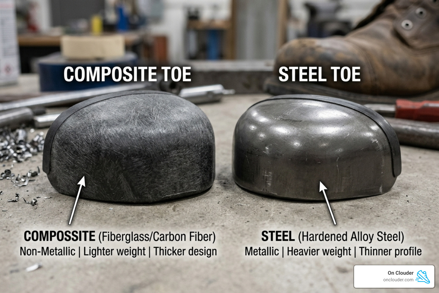 Comparison of composite toe and steel toe caps showing thickness and material density - lightest composite toe work boots