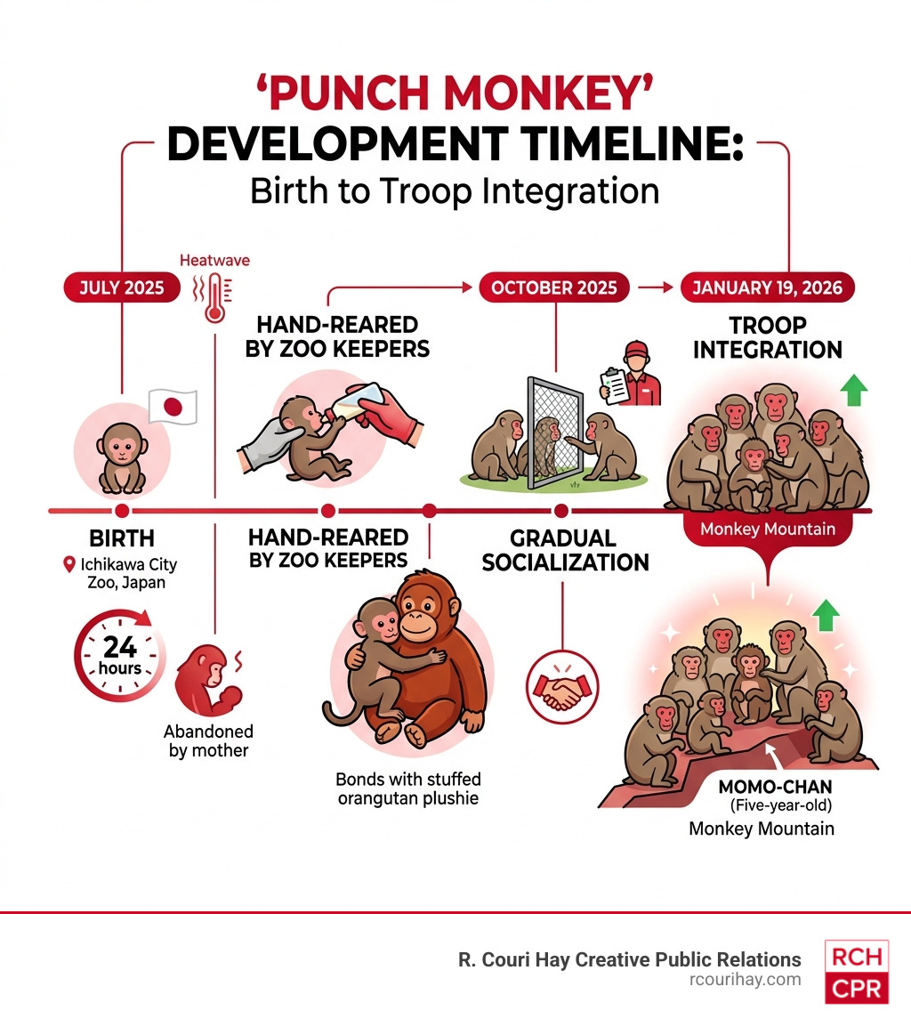 Punch monkey development timeline from birth July 2025 to troop integration January 2026 - punch monkey infographic 