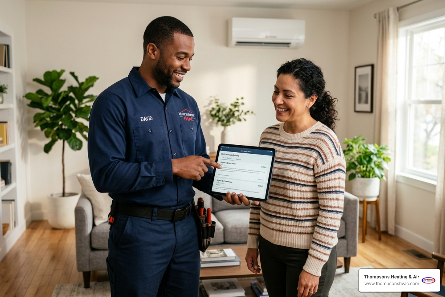 Friendly HVAC technician explaining repair options to a homeowner - How do I find a professional to fix air conditioner near