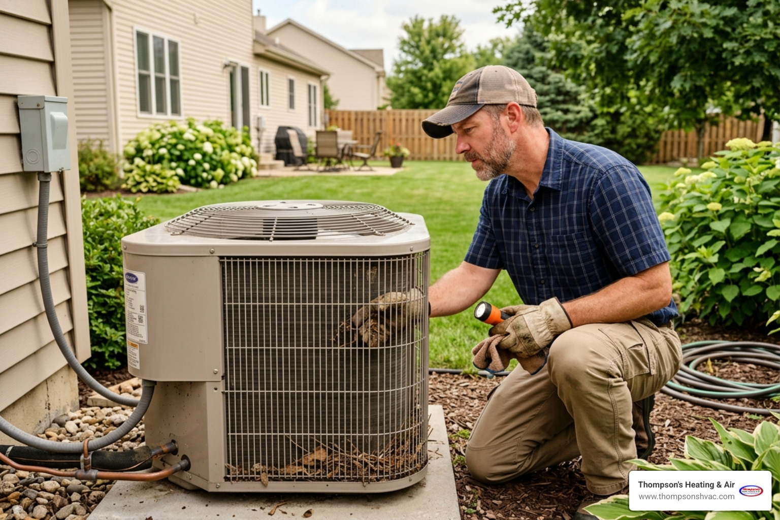 A homeowner carefully checking their outdoor AC unit for visible issues - Which technicians in Dixon are available 24/7 for