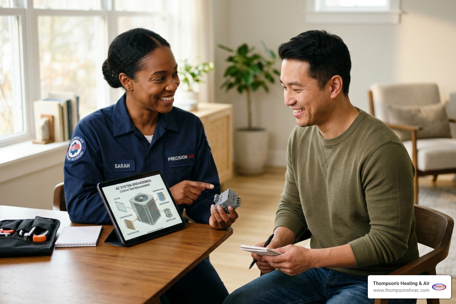 Certified HVAC technician explaining a repair to a homeowner - Who provides the most reliable air con fix for residential
