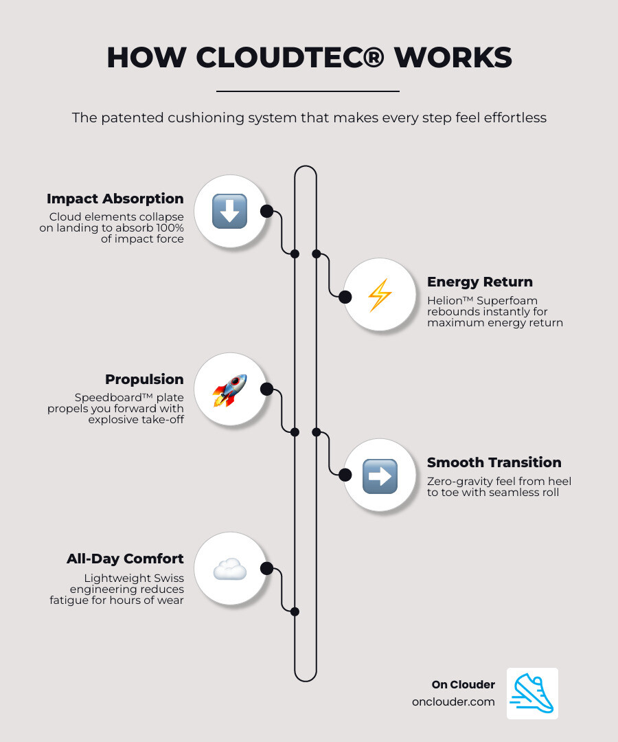 CloudTec® technology mechanics and On Cloud shoe model comparison infographic - on cloud shoes infographic