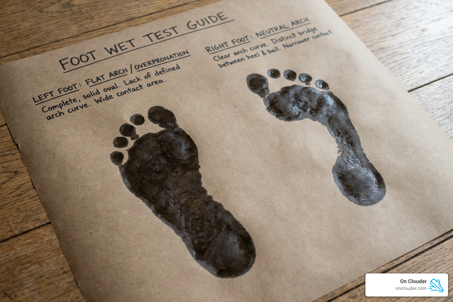 visual guide of the wet test showing flat feet vs neutral arches - best insoles for overpronation