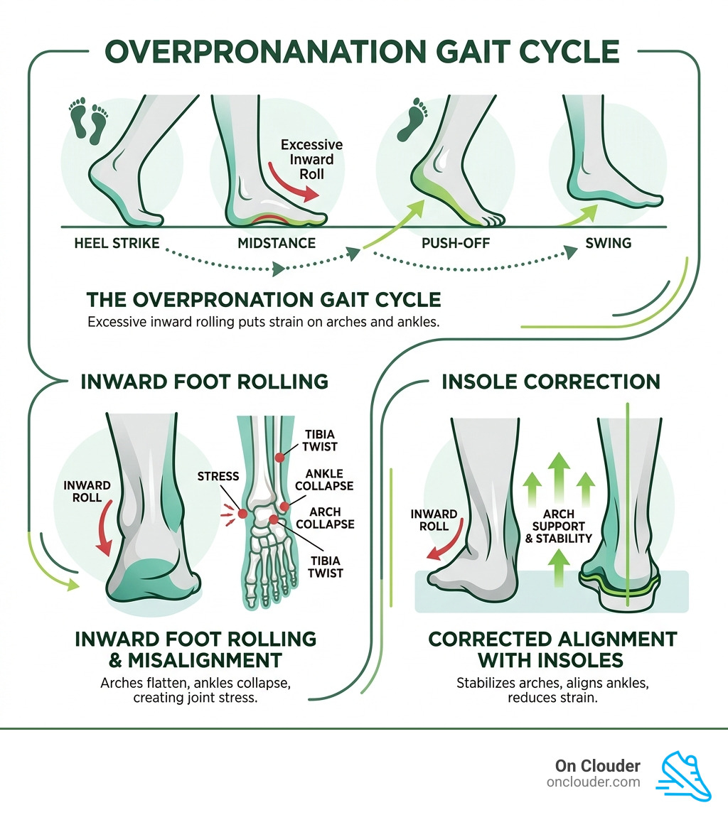 infographic showing overpronation gait cycle, inward foot rolling, and how insoles correct alignment - best insoles for