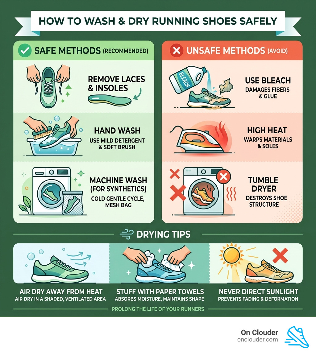 Infographic showing safe vs unsafe ways to wash running shoes with drying tips - can you wash runners infographic Infographic showing safe vs unsafe ways to wash running shoes with drying tips - can you wash runners infographic