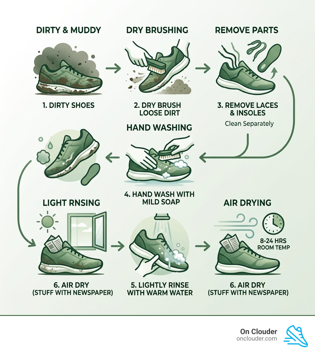 Infographic showing the running shoe cleaning lifecycle from dirty to dry - cleaning running shoes infographic 