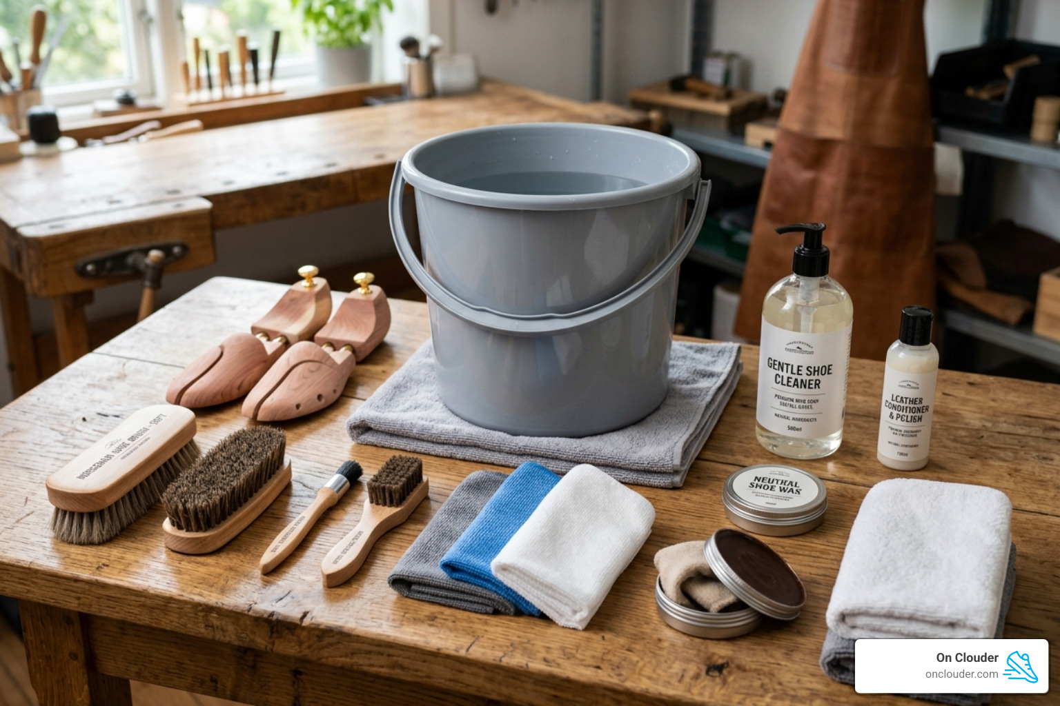 A complete shoe cleaning kit with brushes and cloths - cleaning running shoes