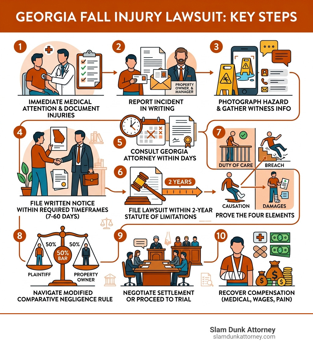 Infographic showing the key steps in a Georgia fall injury lawsuit: 1) Seek immediate medical attention and document injuries, 2) Report the incident to property owner or manager in writing, 3) Photograph the hazard and gather witness information, 4) Consult a Georgia personal injury attorney within days, 5) File written notice within required timeframes (as short as 7-60 days for some properties), 6) File lawsuit within Georgia's 2-year statute of limitations, 7) Prove the four elements: duty of care, breach, causation, and damages, 8) Navigate Georgia's modified comparative negligence rule (50% bar), 9) Negotiate settlement or proceed to trial, 10) Recover compensation for medical expenses, lost wages, and pain and suffering - fall injury lawsuit infographic 