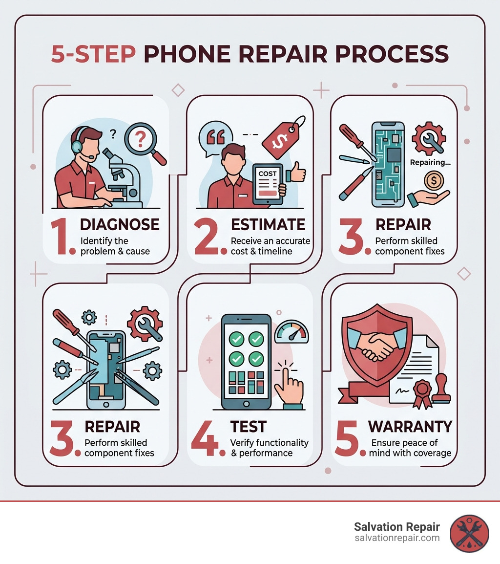 5-step phone repair process infographic: diagnose, estimate, repair, test, warranty - laurel phone repair infographic 5-step phone repair process infographic: diagnose, estimate, repair, test, warranty - laurel phone repair infographic