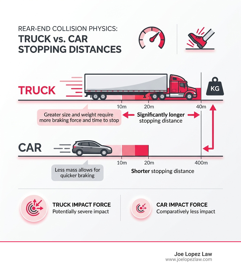 Infographic comparing truck vs car stopping distances, impact force, and injury risk in rear-end collisions - rear end truck