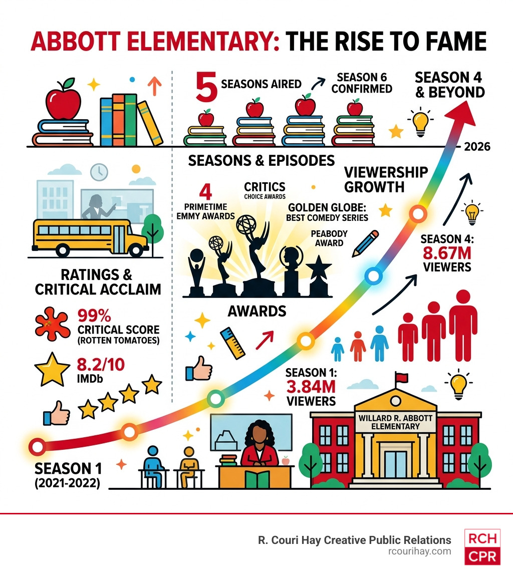 Abbott Elementary rise to fame infographic with ratings awards seasons and viewership growth - abbott elementary infographic 