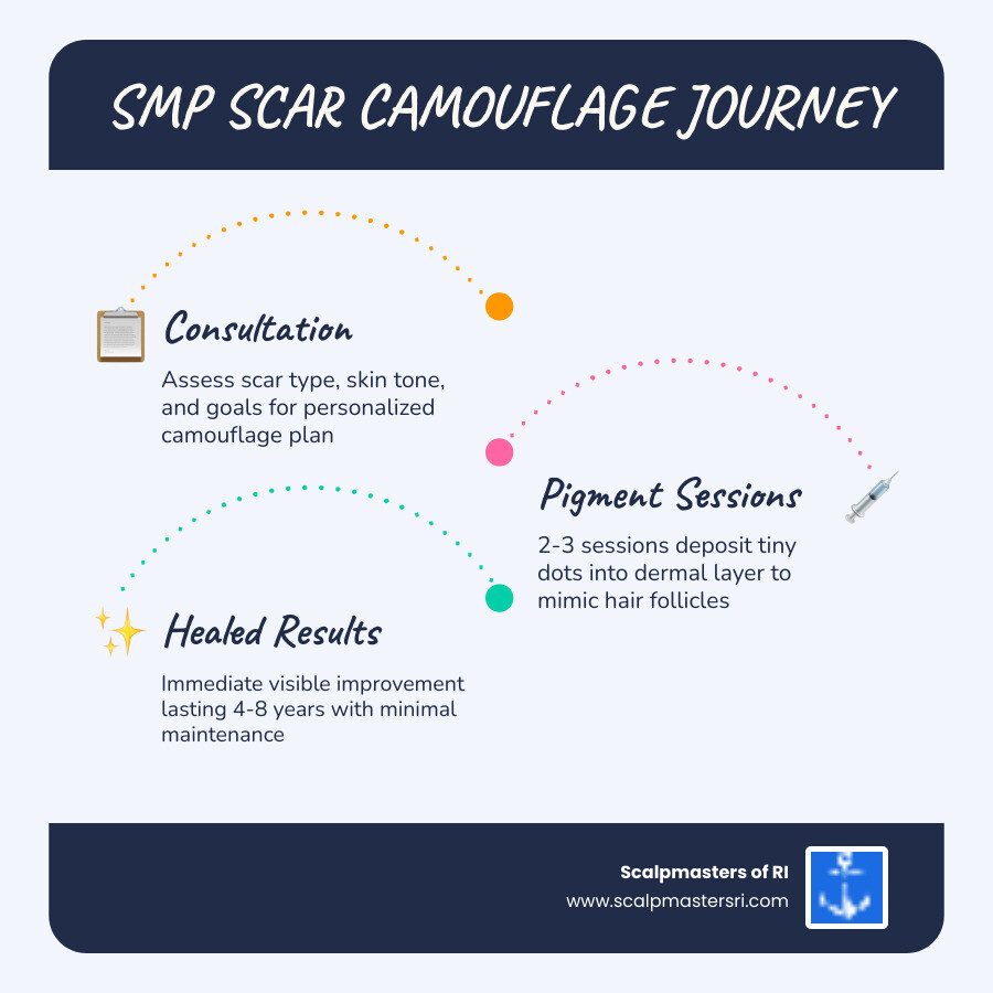 Infographic showing the SMP scar camouflage journey from consultation to healed results - scalp micropigmentation scars Infographic showing the SMP scar camouflage journey from consultation to healed results - scalp micropigmentation scars