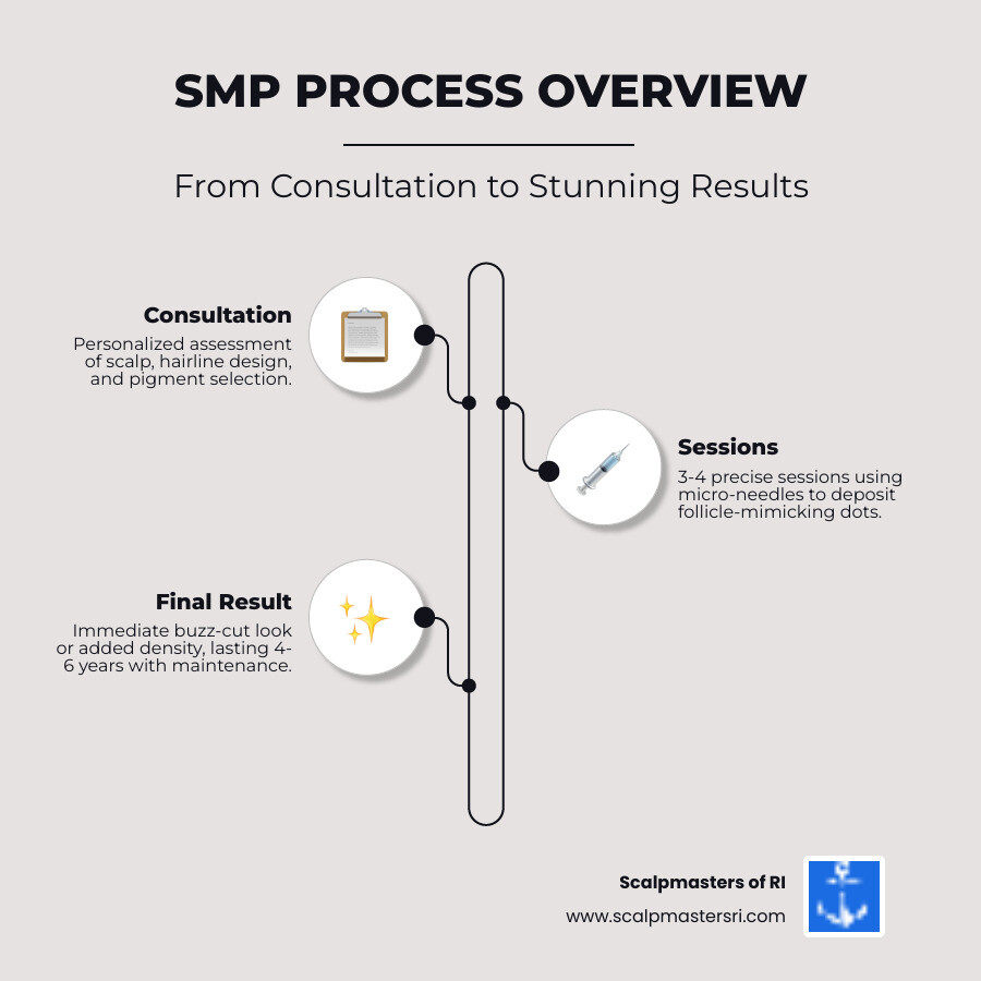 Infographic showing the SMP process from consultation to final result with key facts - head tattooing for hair loss