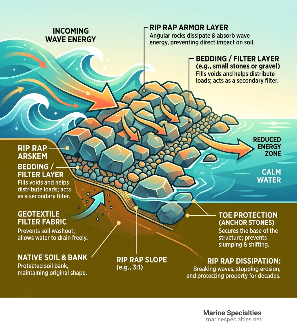 Infographic showing how rip rap dissipates wave energy along a shoreline with labeled layers - shoreline rip rap infographic 