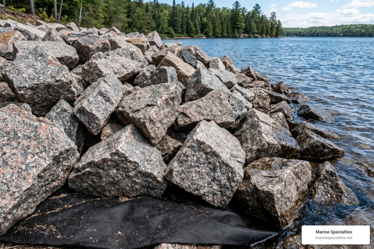 A close-up of high-quality granite rip rap stones interlocking over a layer of black geotextile fabric - shoreline rip rap