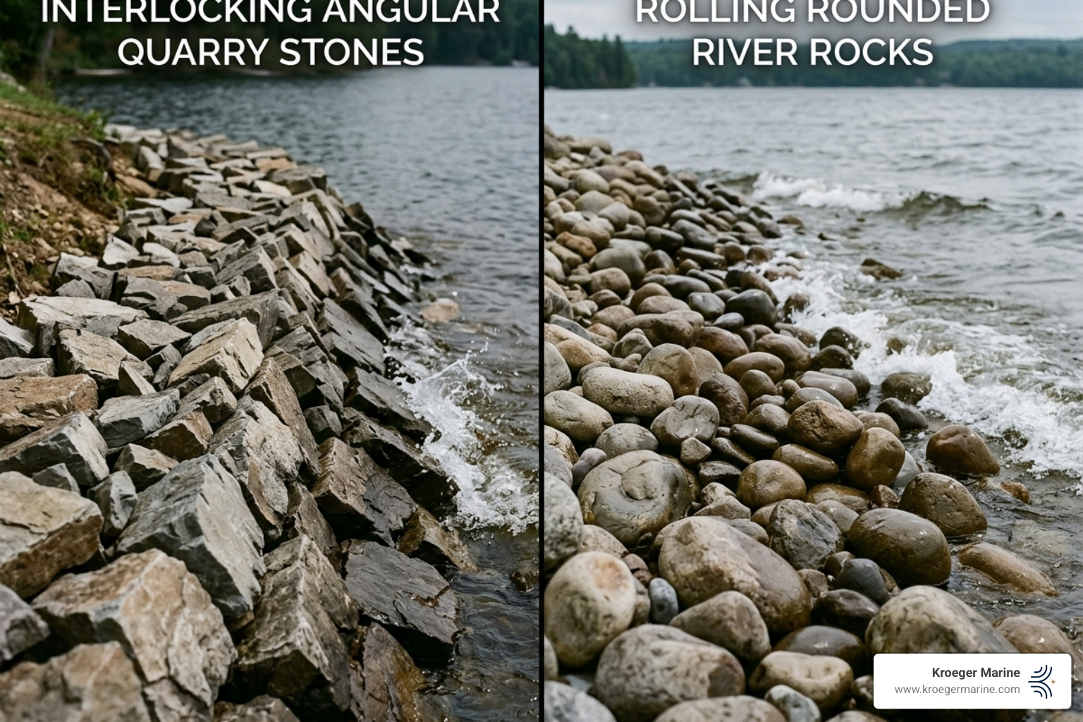 Comparison of angular quarry stone vs rounded river rock showing how angular edges lock together while rounded stones roll