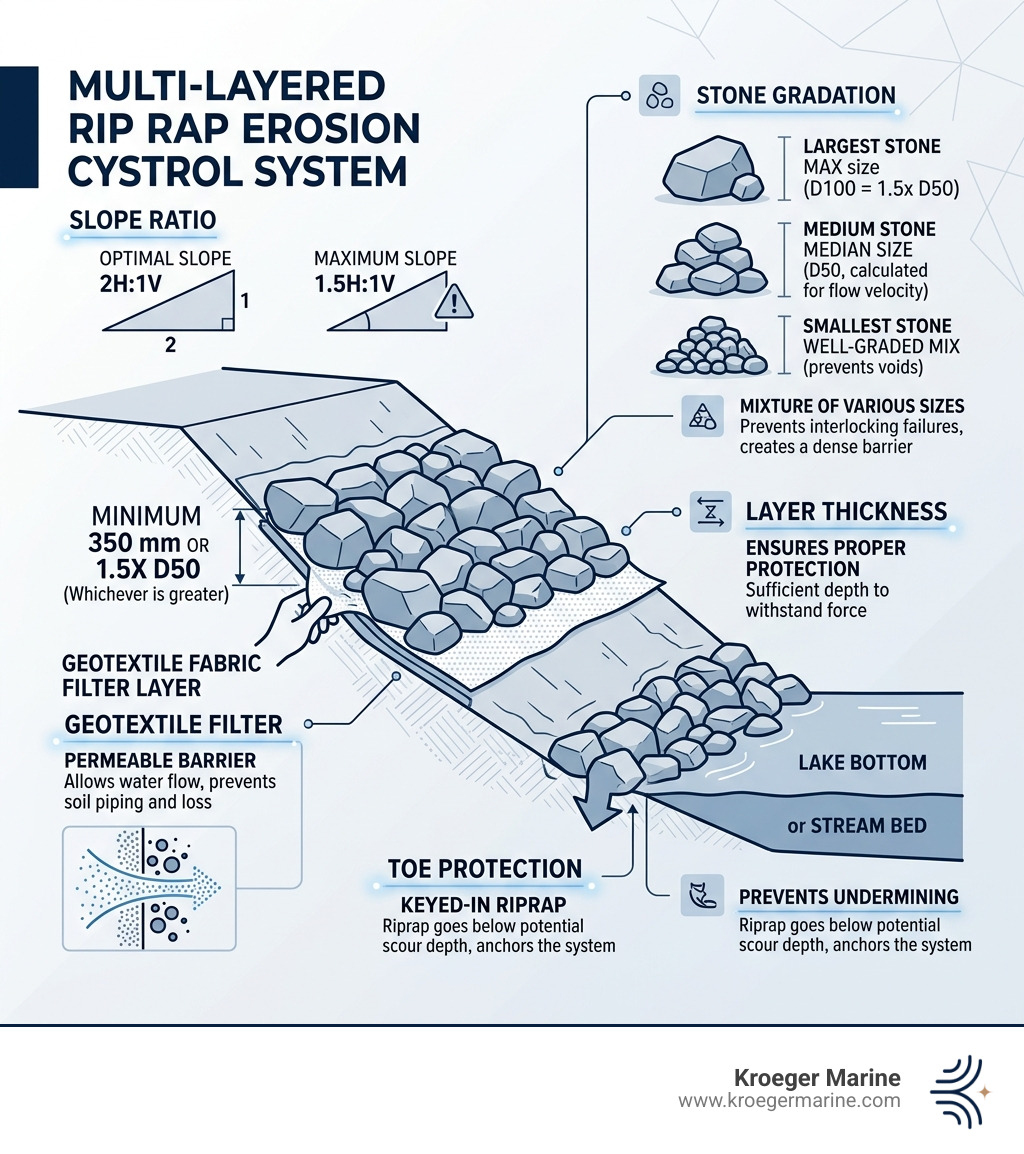 Multi-layered rip rap erosion control system diagram showing stone gradation, geotextile filter, toe protection, and slope
