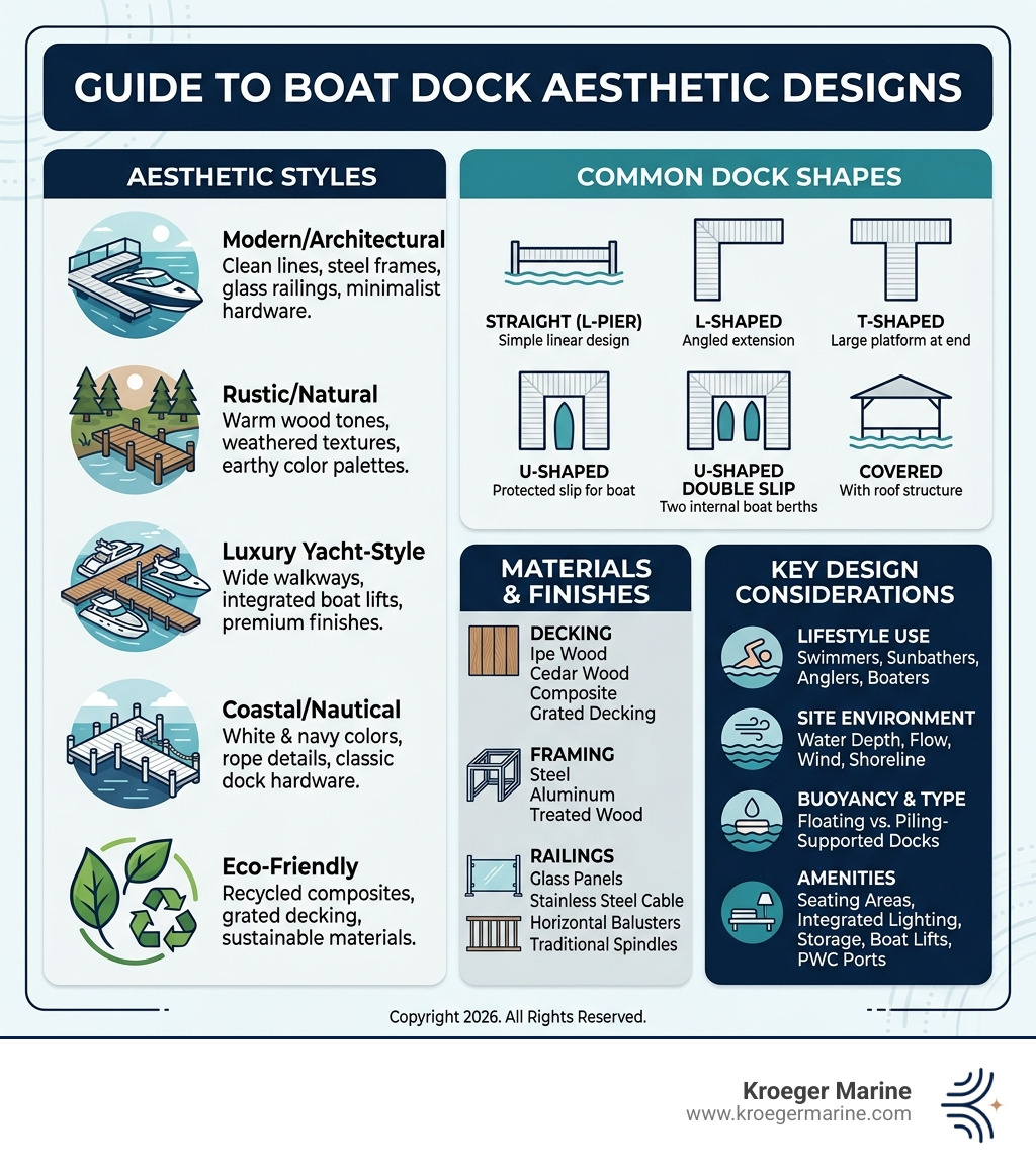 Overview infographic of boat dock aesthetic styles, shapes, materials, and key design considerations - boat dock aesthetic
