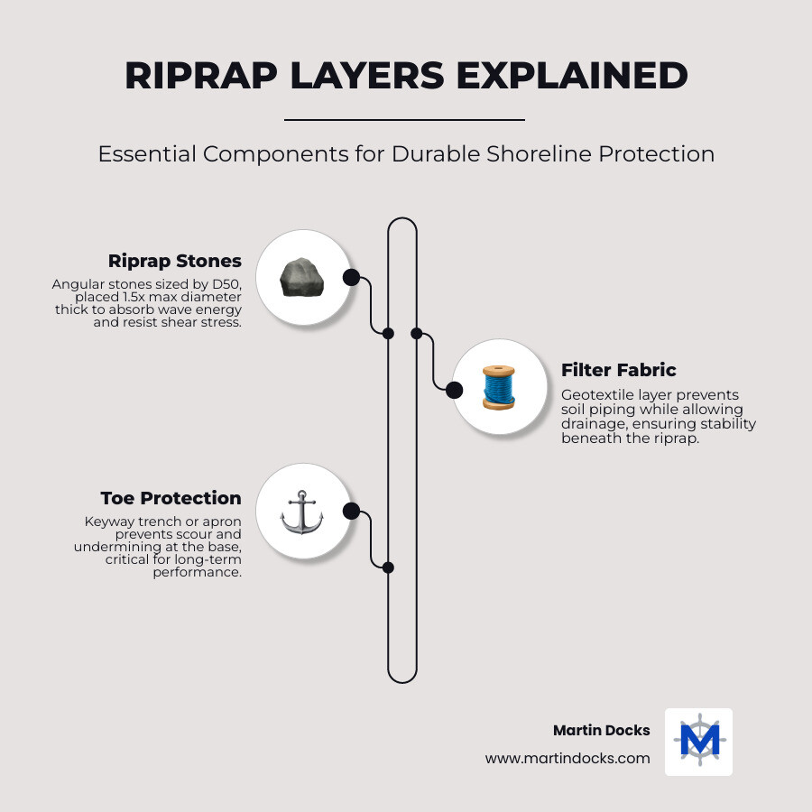Diagram of riprap layers showing stone, filter fabric, toe protection, and bank slope - riprap design infographic