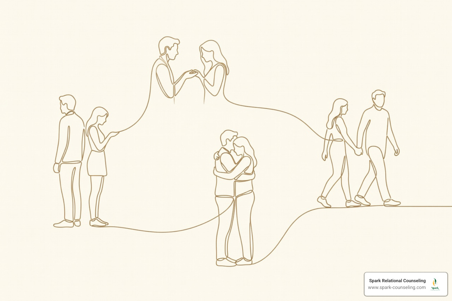 Infographic showing the cycle of relational connection: disconnection, emotional distance, counseling support, and renewed